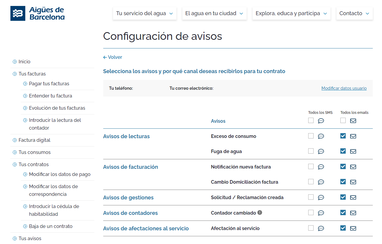 Configuración de avisos: exceso de consumo; fuga de agua; notificación nueva factura; cambio domiciliación factura; solicitud/reclamación creada y contador cambiado