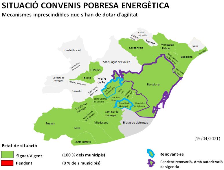 Mapa municipios área metropolitana de Barcelona con convenios sobre la pobreza energética